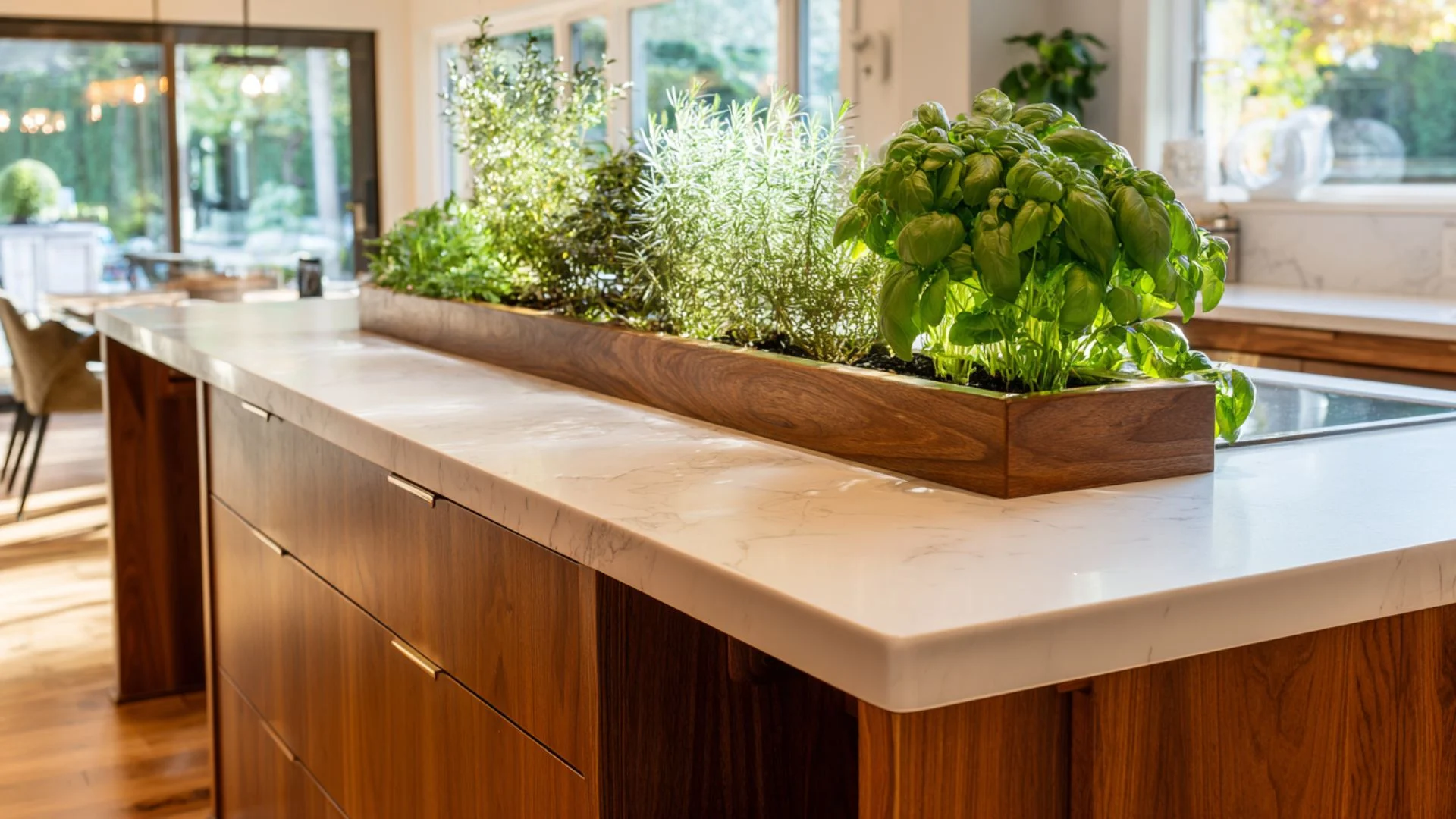 built-in herb garden trough on walnut kitchen island countertop with fresh basil and rosemary growing