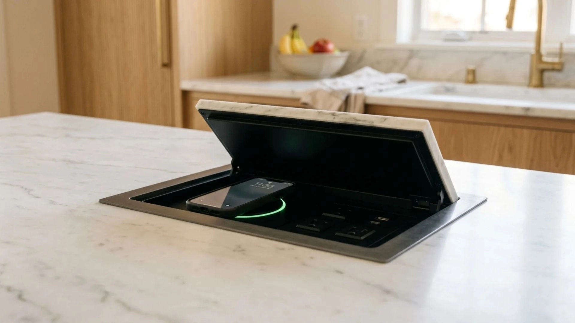 pop-up induction charging station open on marble kitchen island countertop with phone charging inside