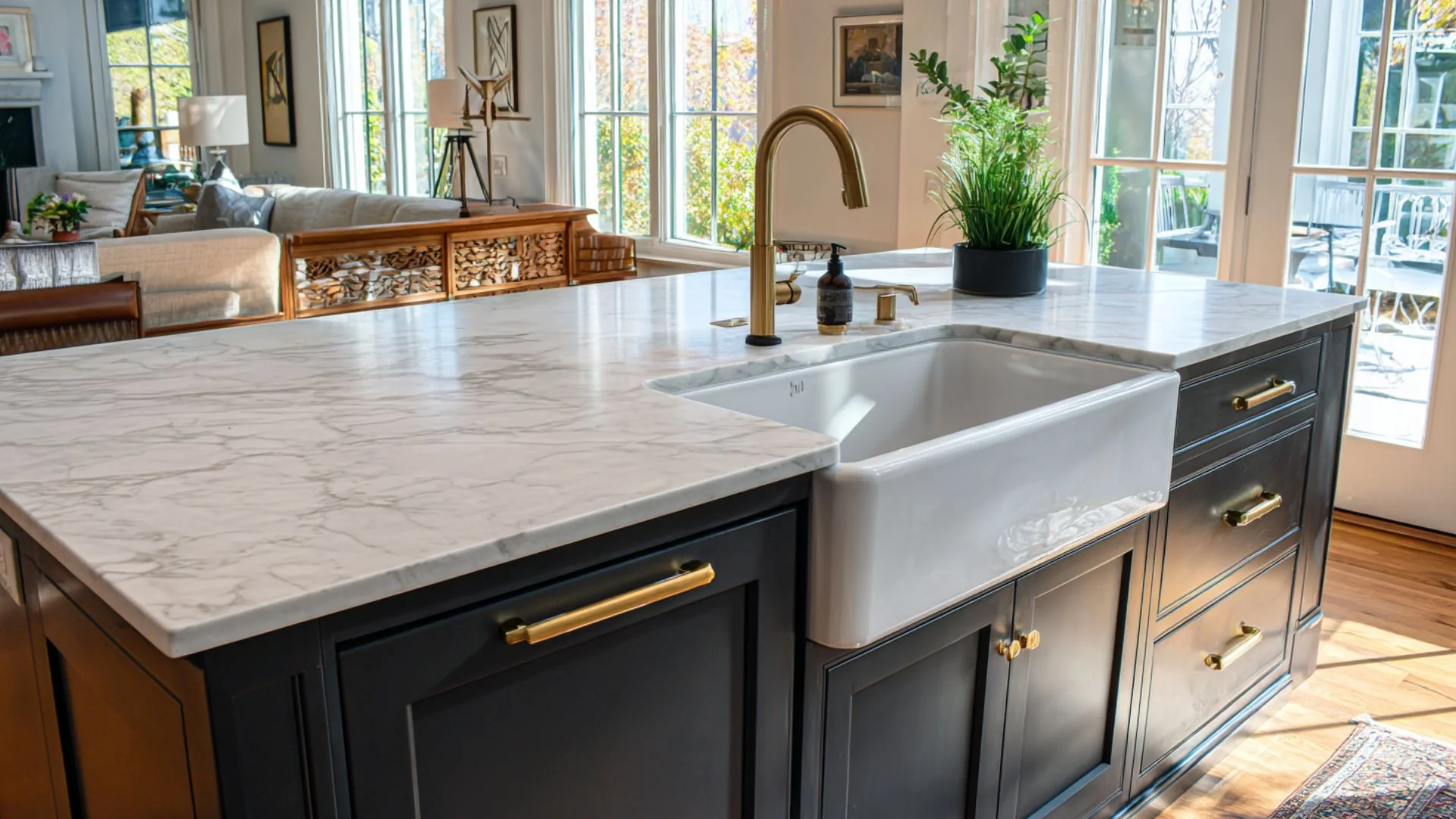 white farmhouse apron sink set into marble kitchen island countertop with brass faucet and soap dispenser