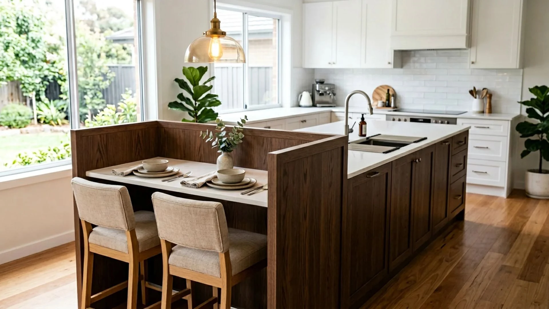 island-integrated breakfast nook with lowered dining surface and two upholstered chairs on walnut island end