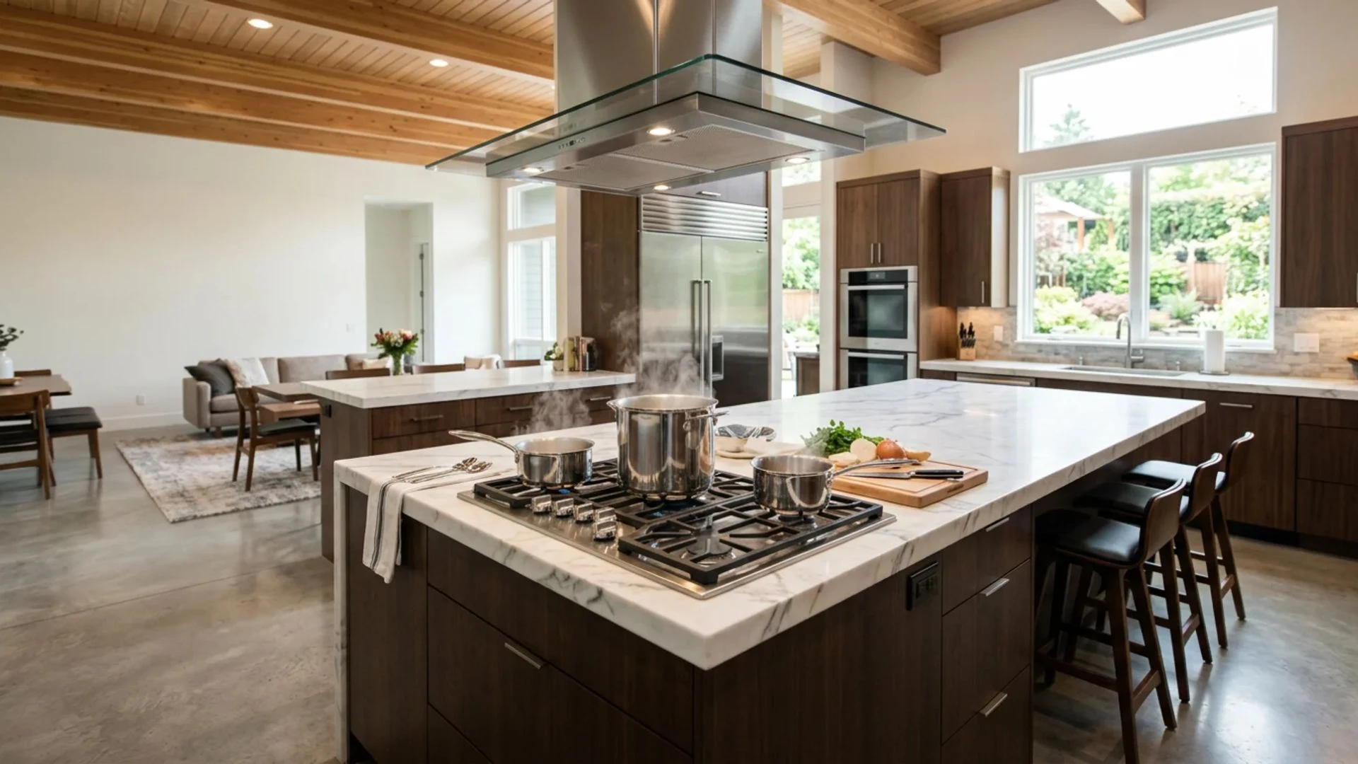 gas cooktop built into large kitchen island surface with steel ceiling hood and steaming pots above