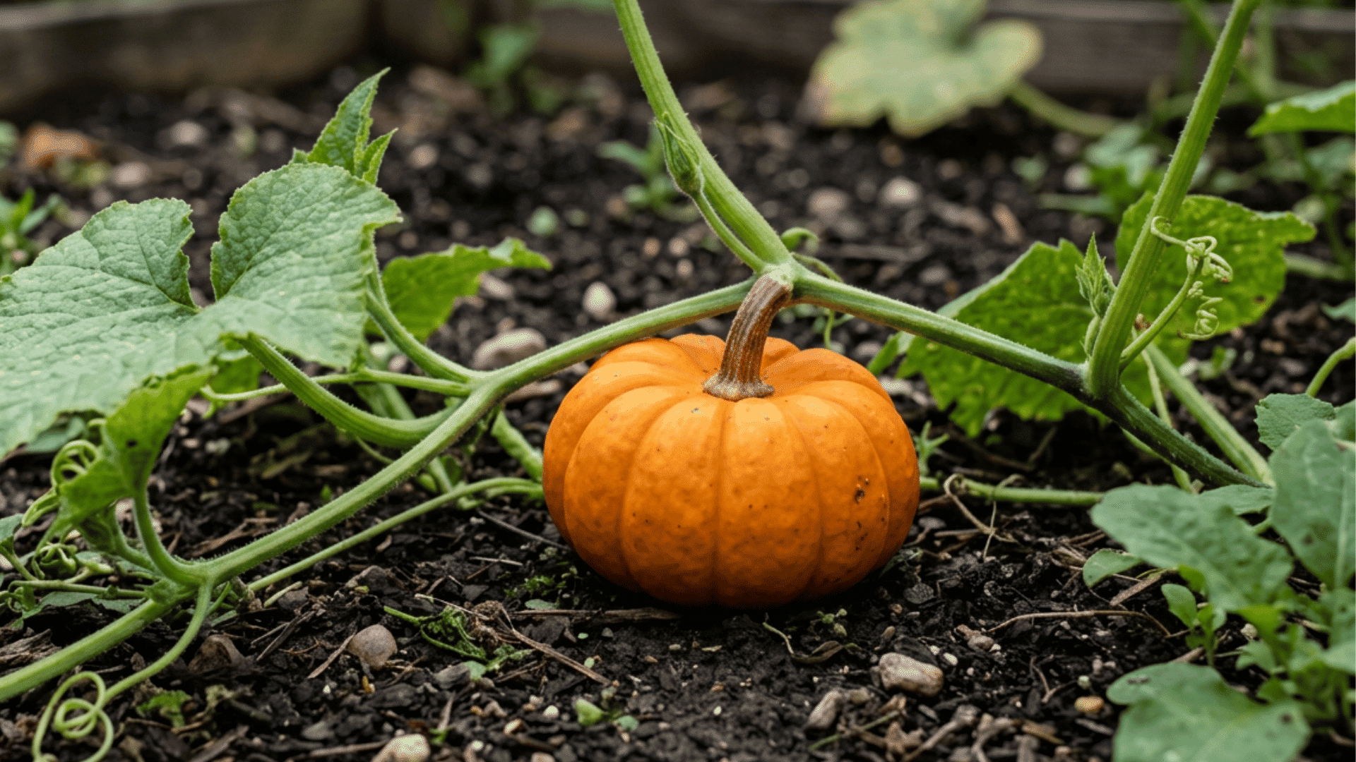 jack be little pumpkin growing on dark garden soil surrounded by green vines curling tendrils