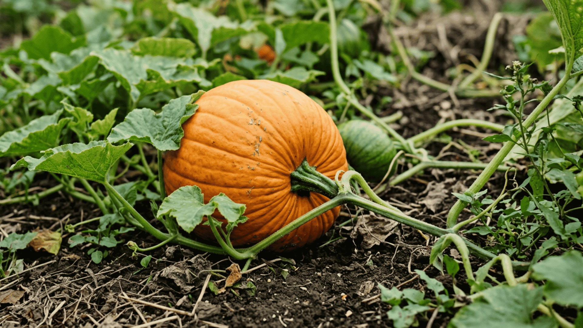jack o lantern pumpkin growing on dark garden soil surrounded by green vines curling tendrils and broad leaves