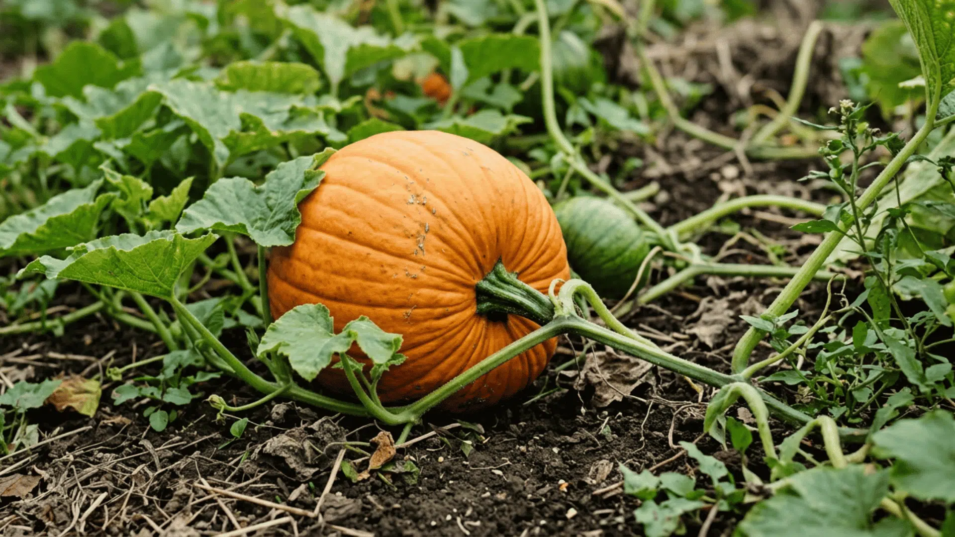 jack o lantern pumpkin growing on dark garden soil surrounded by green vines curling tendrils and broad leaves
