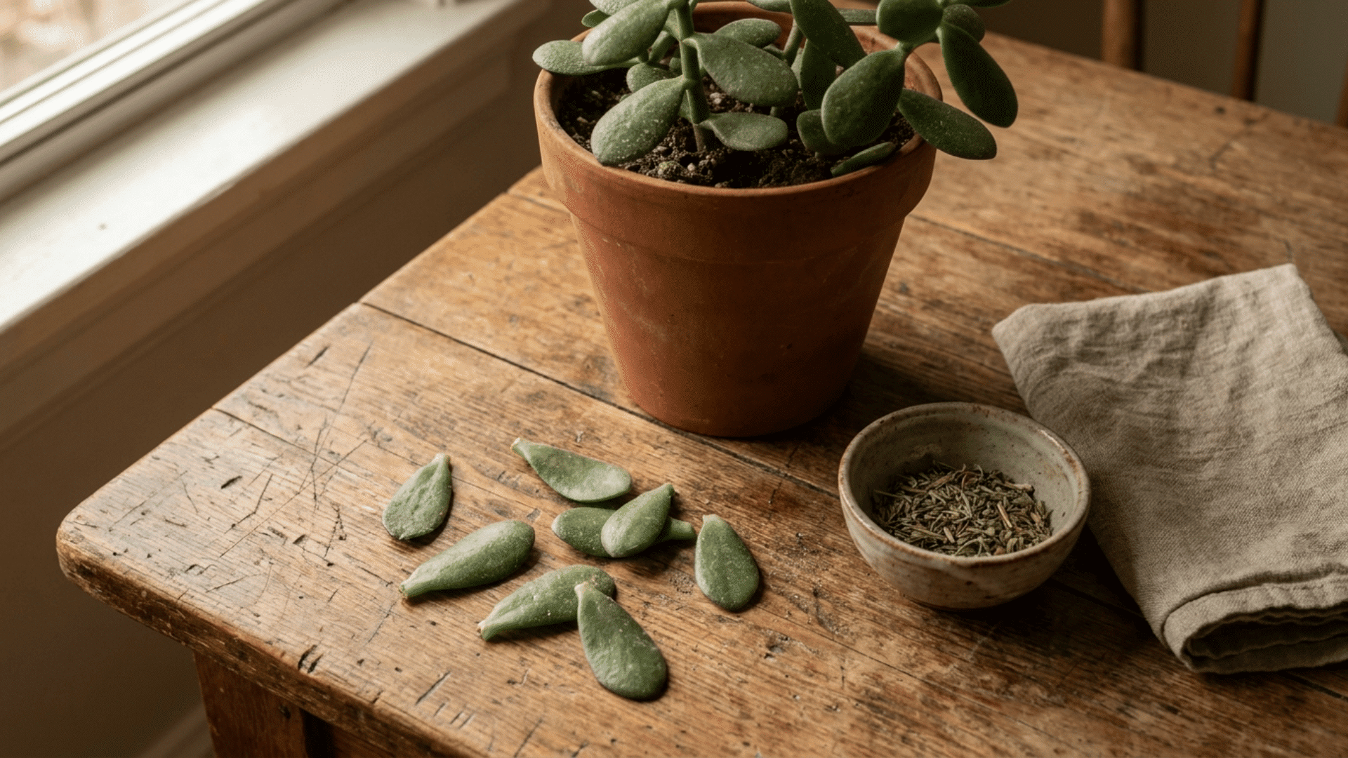 jade plant and a few cut leaves beside a ceramic bowl on a worn wooden kitchen table in soft daylight