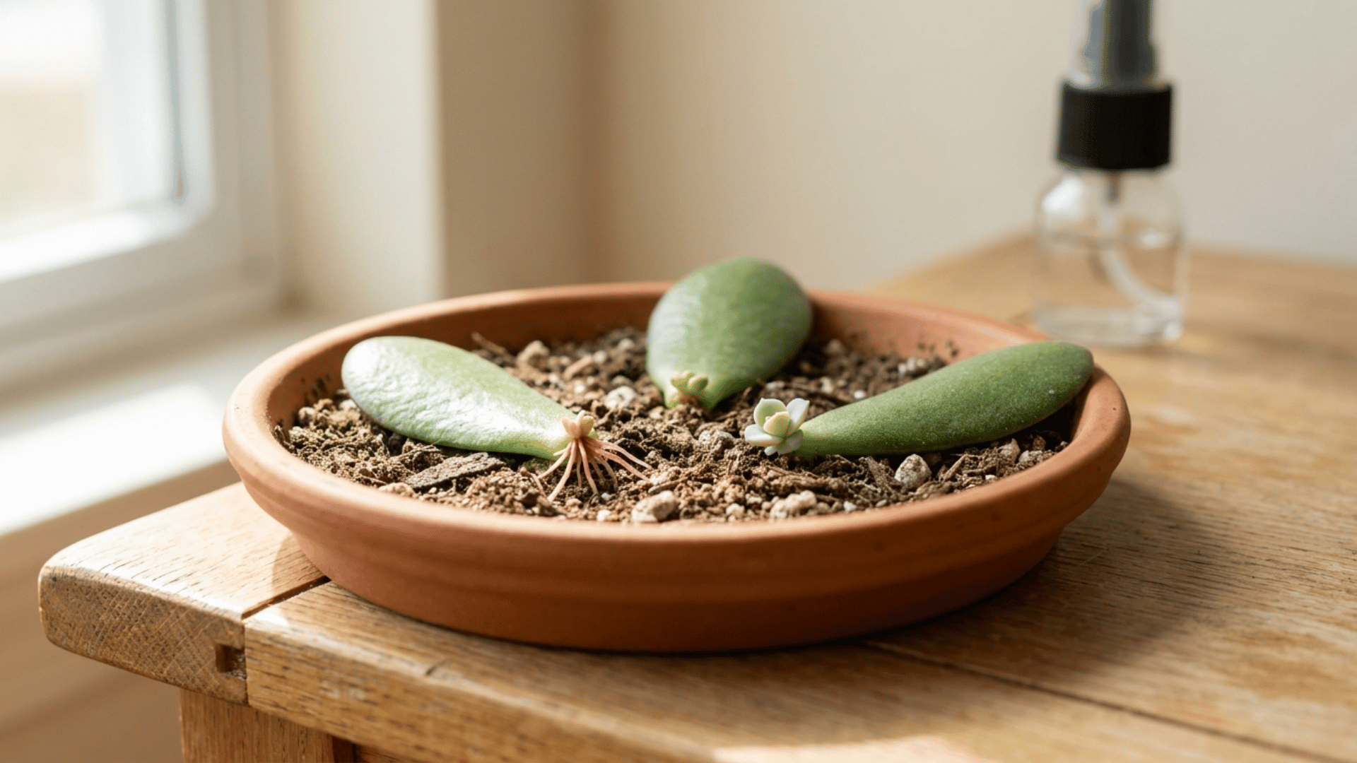 jade plant leaves laid flat on succulent soil showing pink roots and a new shoot