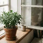 jade plant on a wooden windowsill in soft morning light beside a coffee mug in a real home
