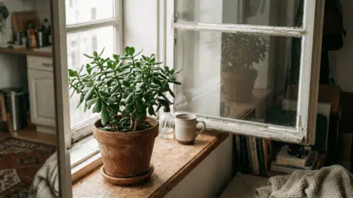 jade plant on a wooden windowsill in soft morning light beside a coffee mug in a real home