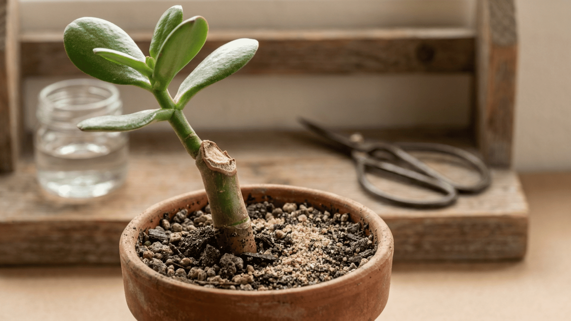 jade plant stem cutting planted upright in a small terracotta pot with succulent mix