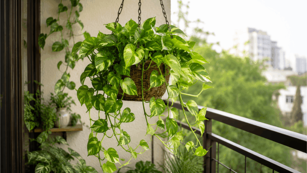 jade pothos hanging in a balcony basket with cascading green vines overlooking a bright outdoor view indoors and out