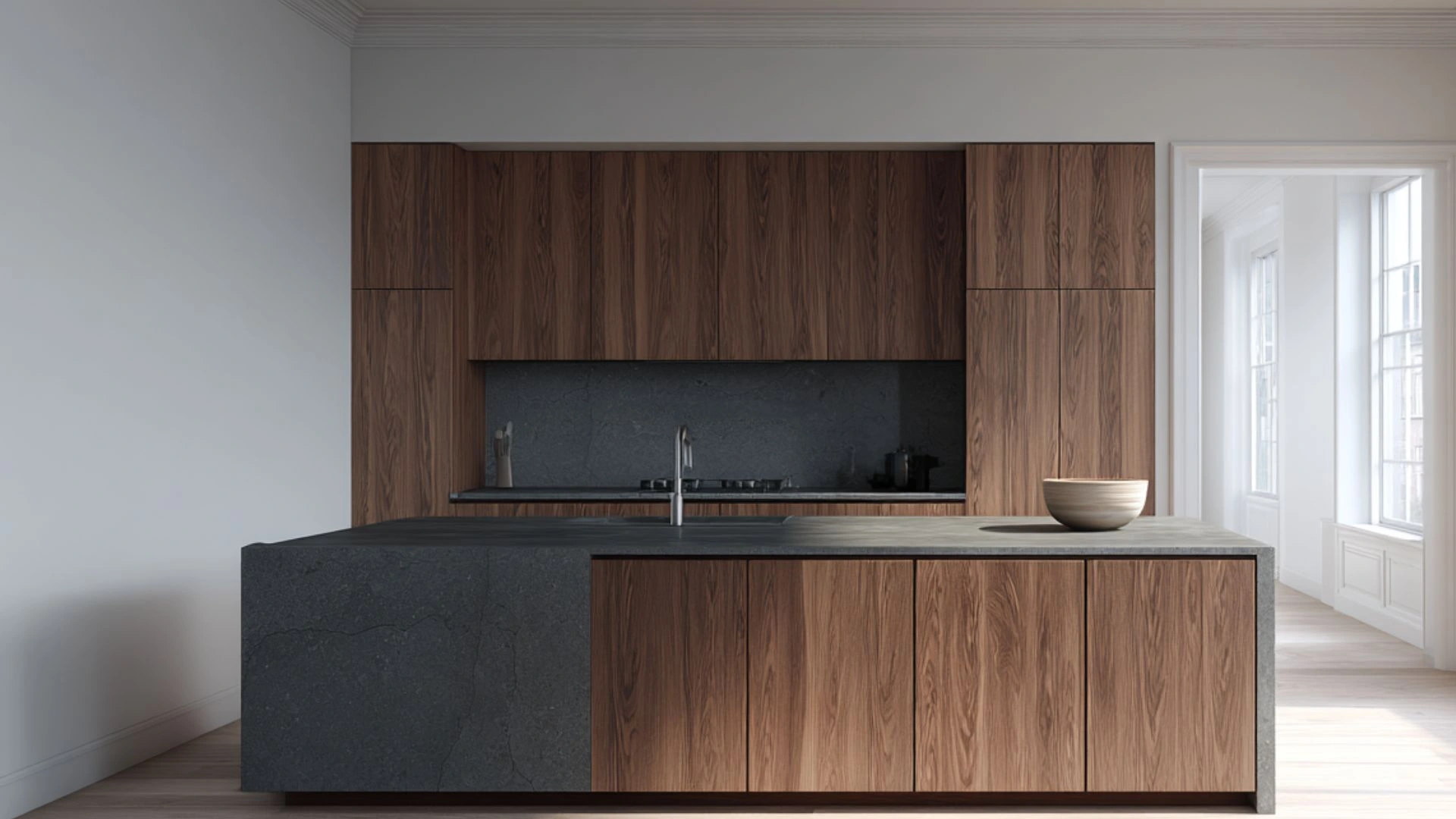 japandi kitchen island with warm walnut handleless flat-panel doors and dark matte stone countertop surface