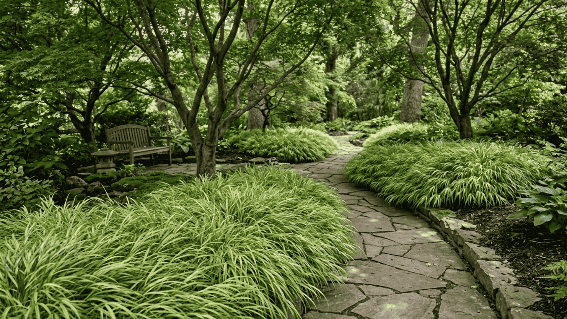 Japanese forest grass flowing Japanese forest grass beneath trees beside shaded stone pathway