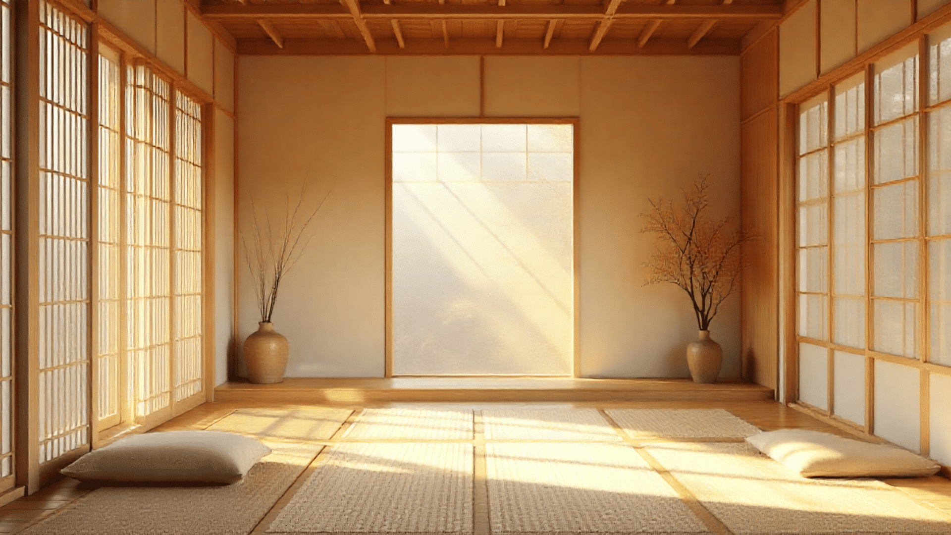 japanese inspired morning room minimalist design low wooden seating tatami mats shoji screens bamboo elements neutral colors geometric walls peaceful zen light