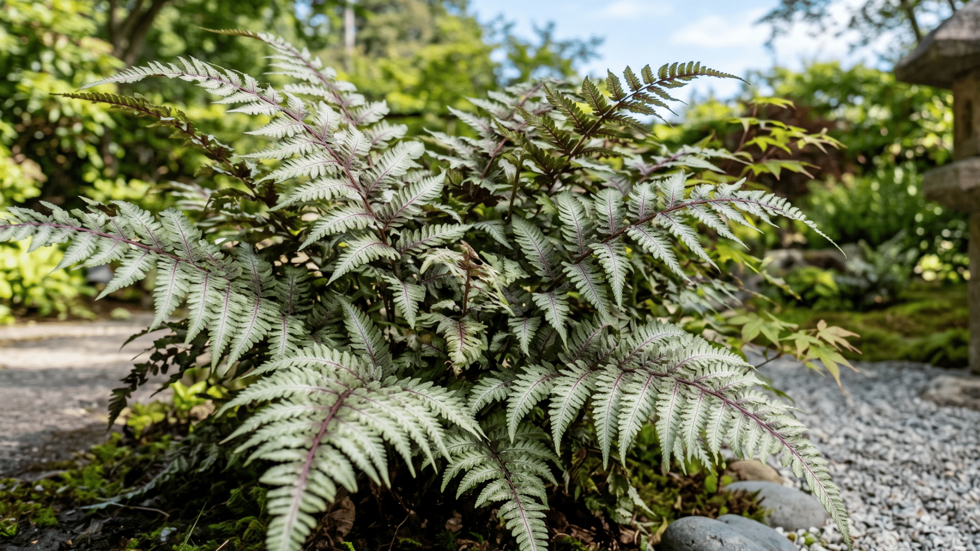 japanese stone lantern stands amidst lush greenery and japanese painted ferns in a tranquil garden setting, with a gravel path winding through the scene under a bright blue sky.