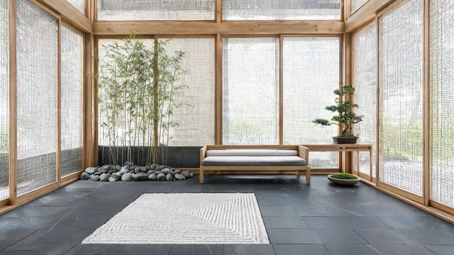 bamboo stalks beside a raked white gravel panel on dark slate floor with a low linen-cushioned bench