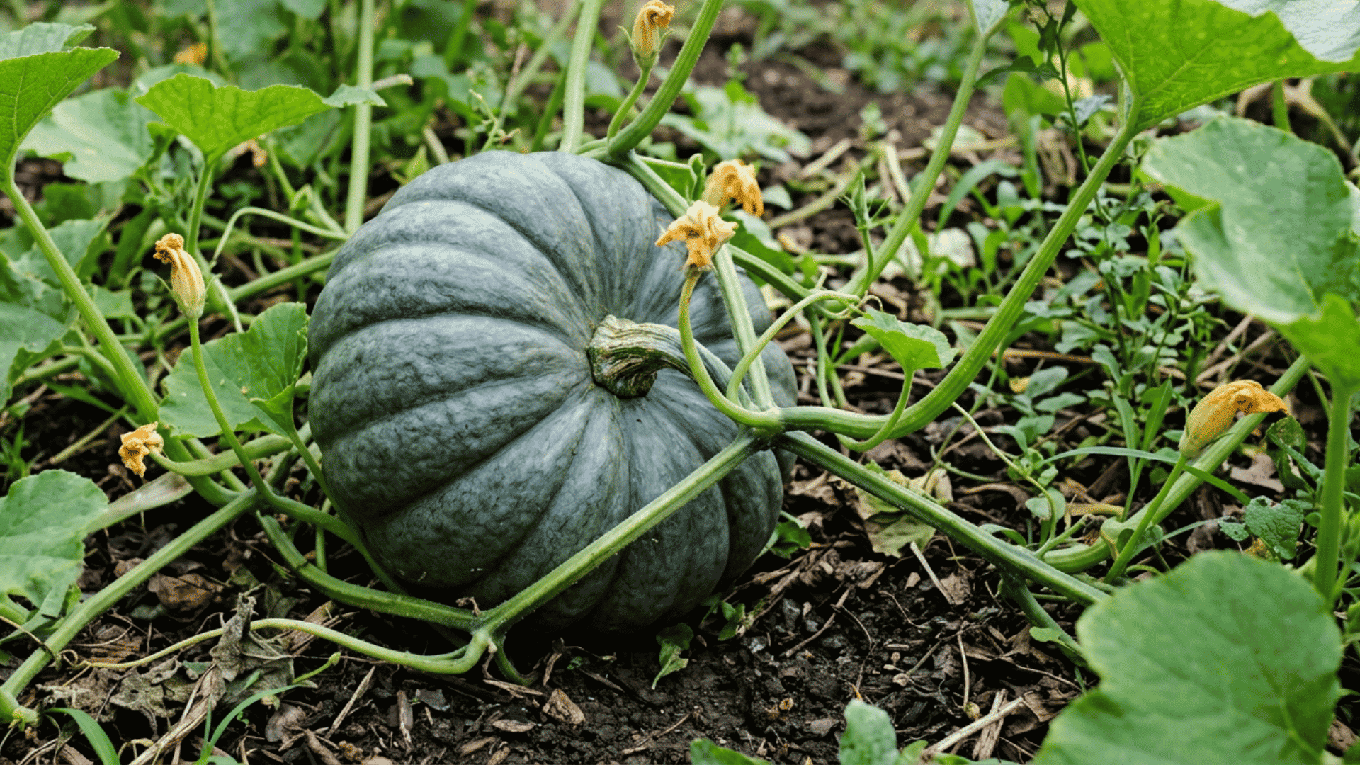 jarrahdale pumpkin growing on dark garden soil surrounded by green vines curling tendrils and broad leaves
