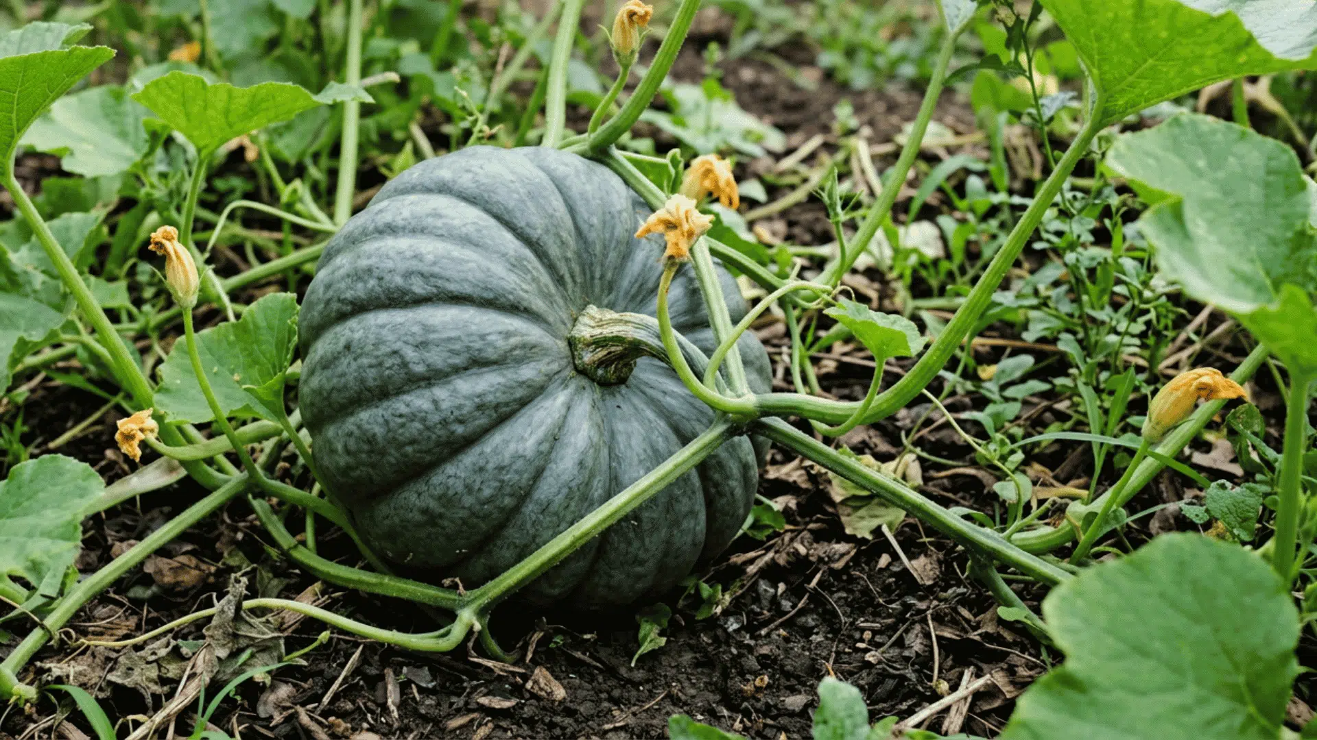 jarrahdale pumpkin growing on dark garden soil surrounded by green vines curling tendrils and broad leaves