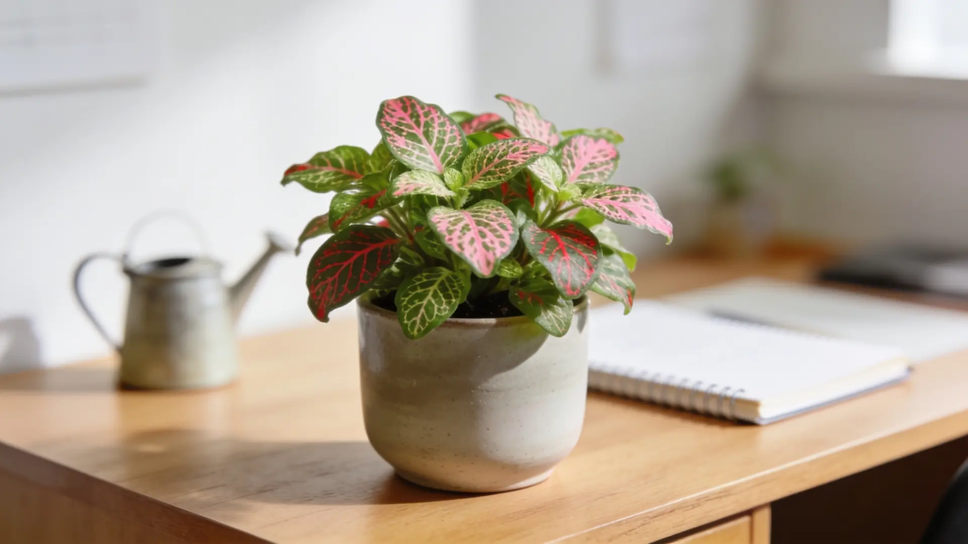 small fittonia plant placed with soft filtered light and gentle humidity