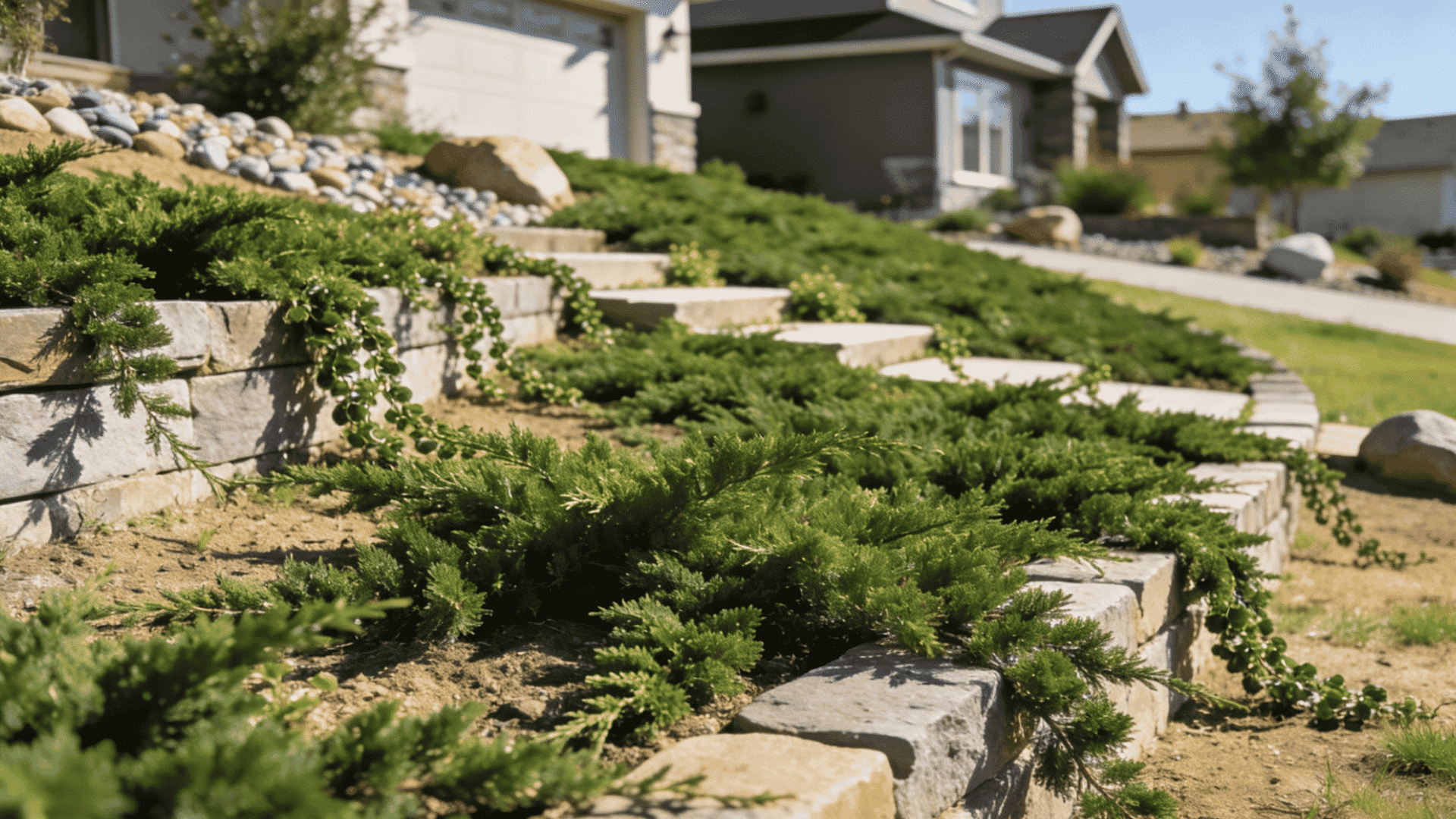 Juniper evergreen juniper ground cover spreading across sunny rock garden and sloped front yard