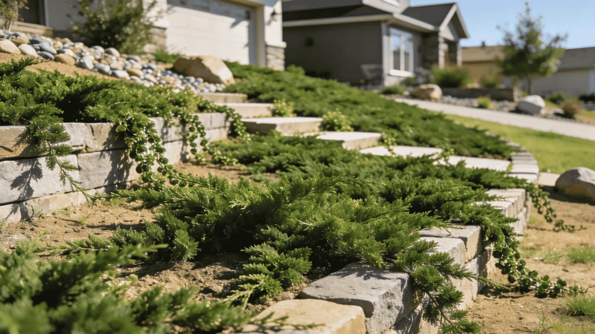 Juniper evergreen juniper ground cover spreading across sunny rock garden and sloped front yard