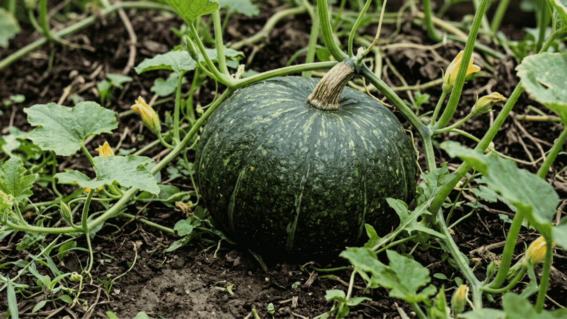 kabocha pumpkin growing on dark garden soil surrounded by green vines curling tendrils and broad leaves
