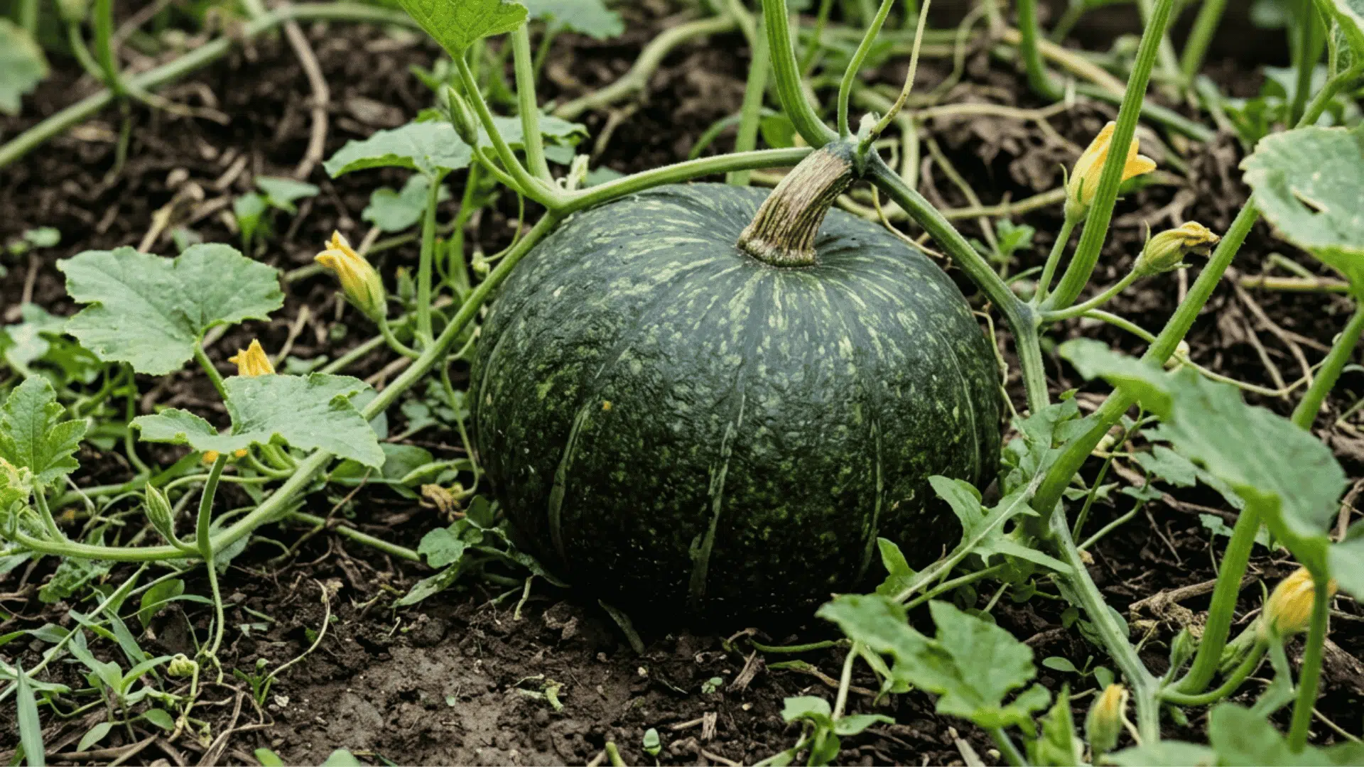 kabocha pumpkin growing on dark garden soil surrounded by green vines curling tendrils and broad leaves