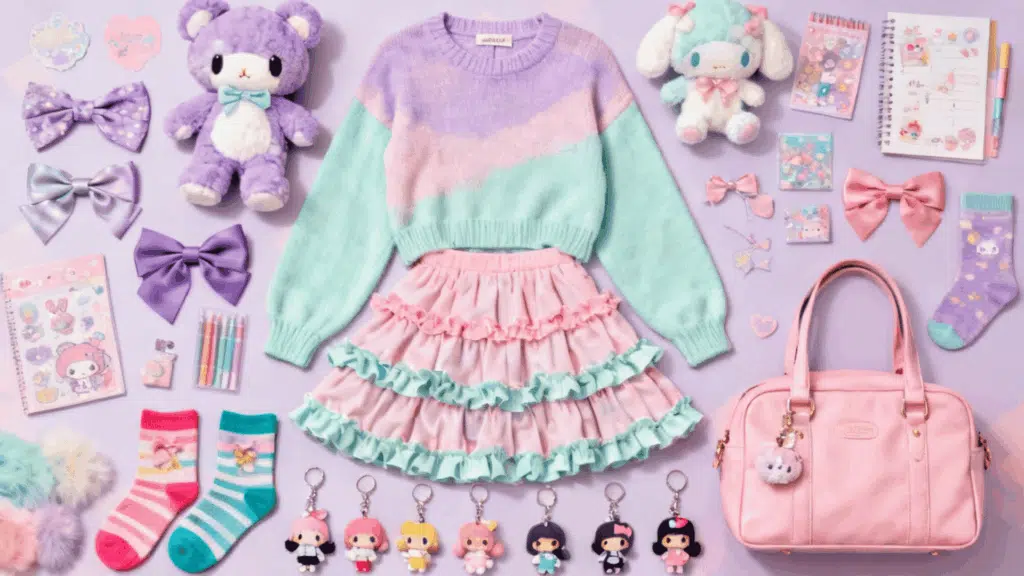 kawaii aesthetic with pastel clothing plush toys colorful accessories and playful japanese inspired fashion
