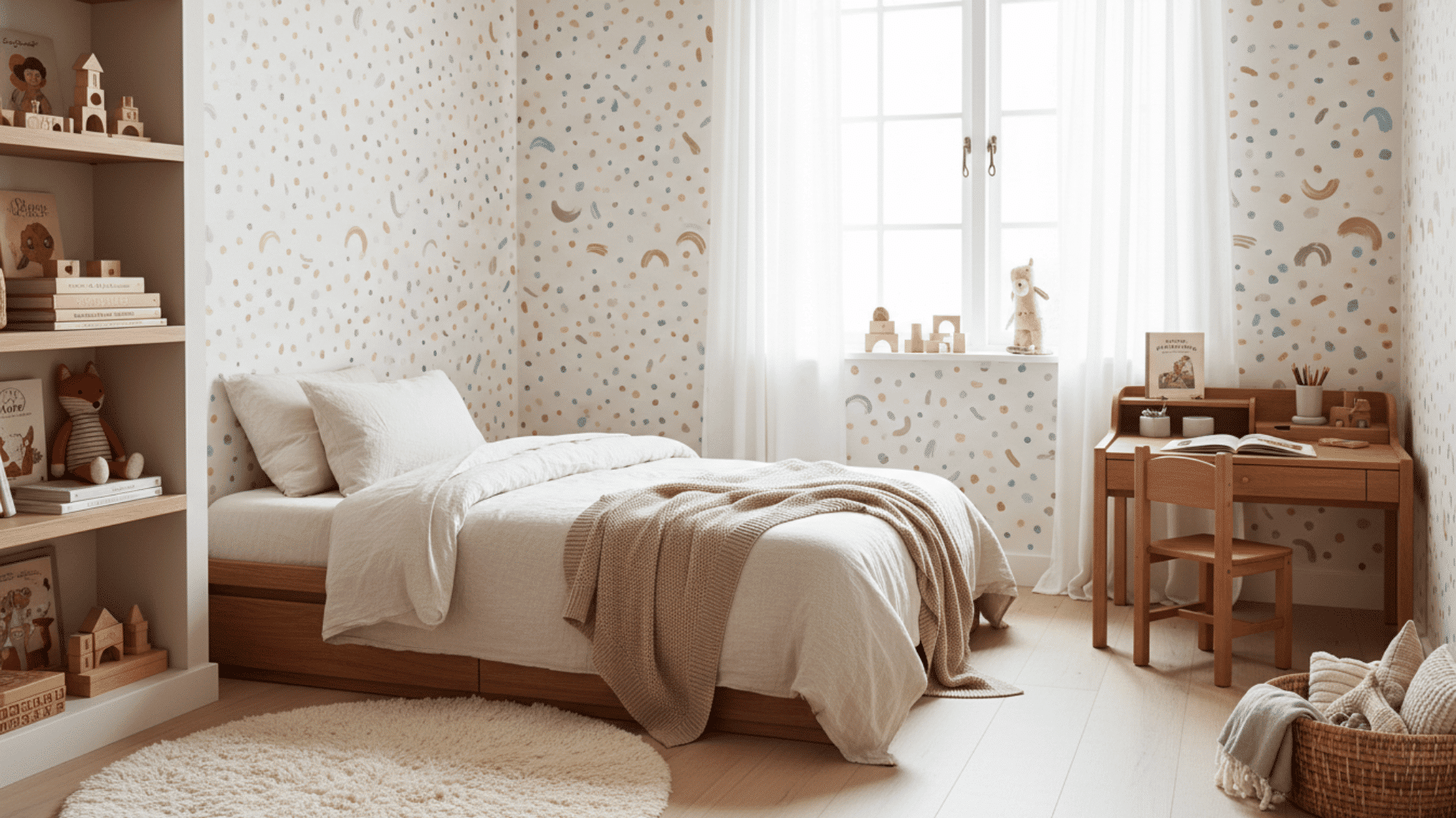 kids bedroom with freehand wall patterns pastel shapes cozy decor and warm natural lighting