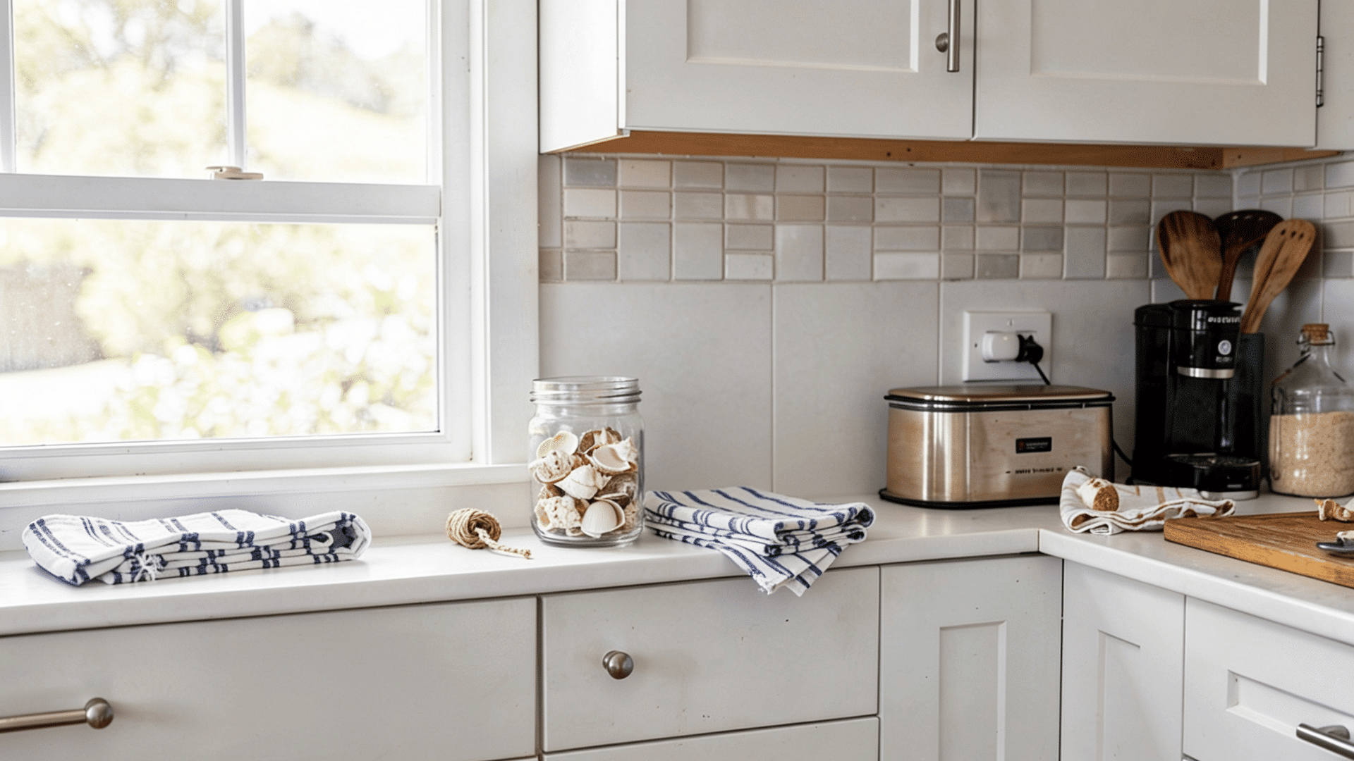 kitchen counter with a jar of eggshells folded towels, a toaster a coffee maker and a cutting board