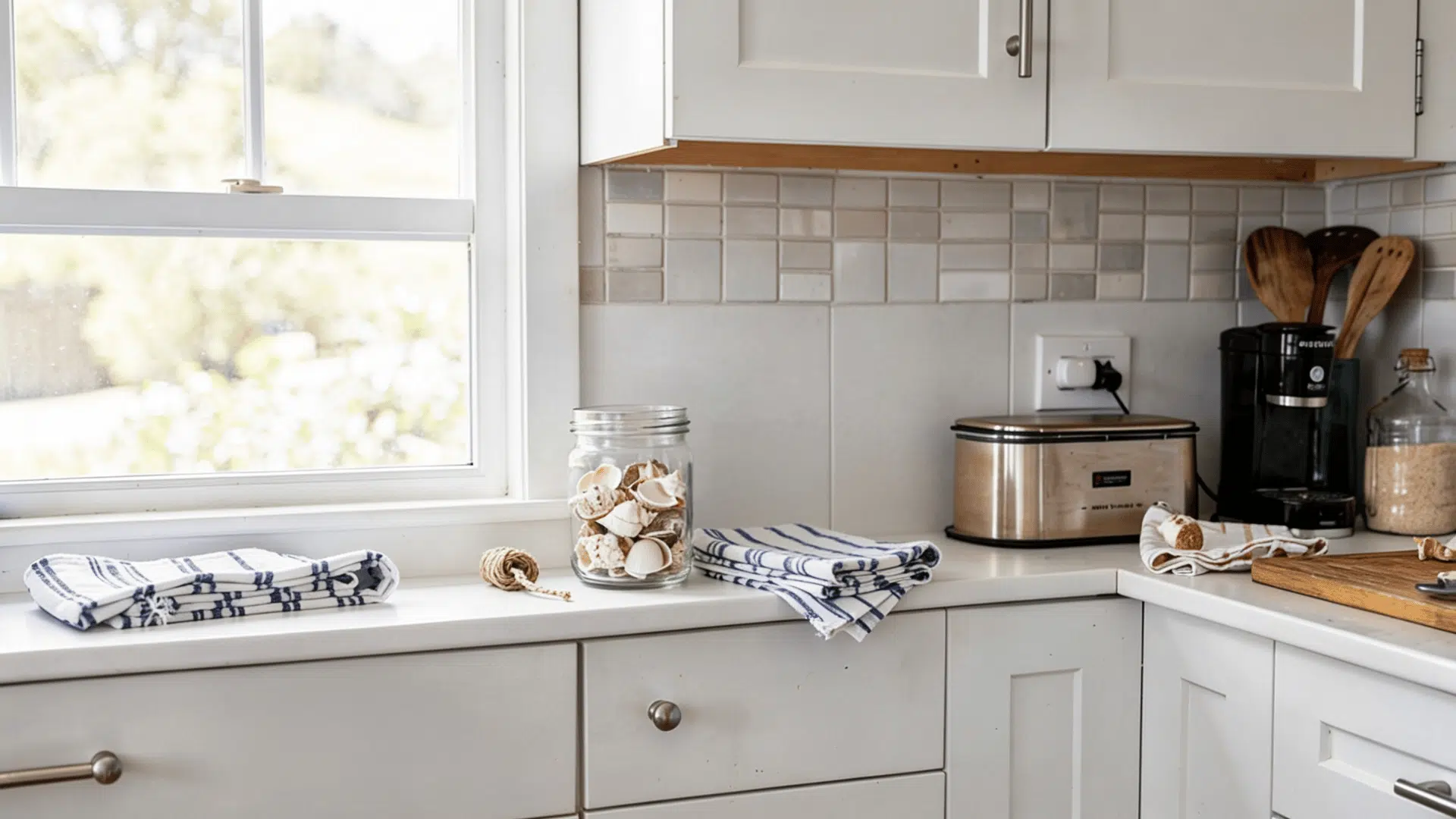 kitchen counter with a jar of eggshells folded towels, a toaster a coffee maker and a cutting board
