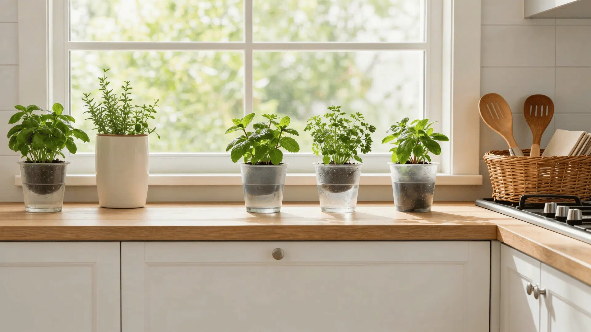 kitchen counter with herb pots holding mint basil and parsley beside wicker baskets with utensils in summer light