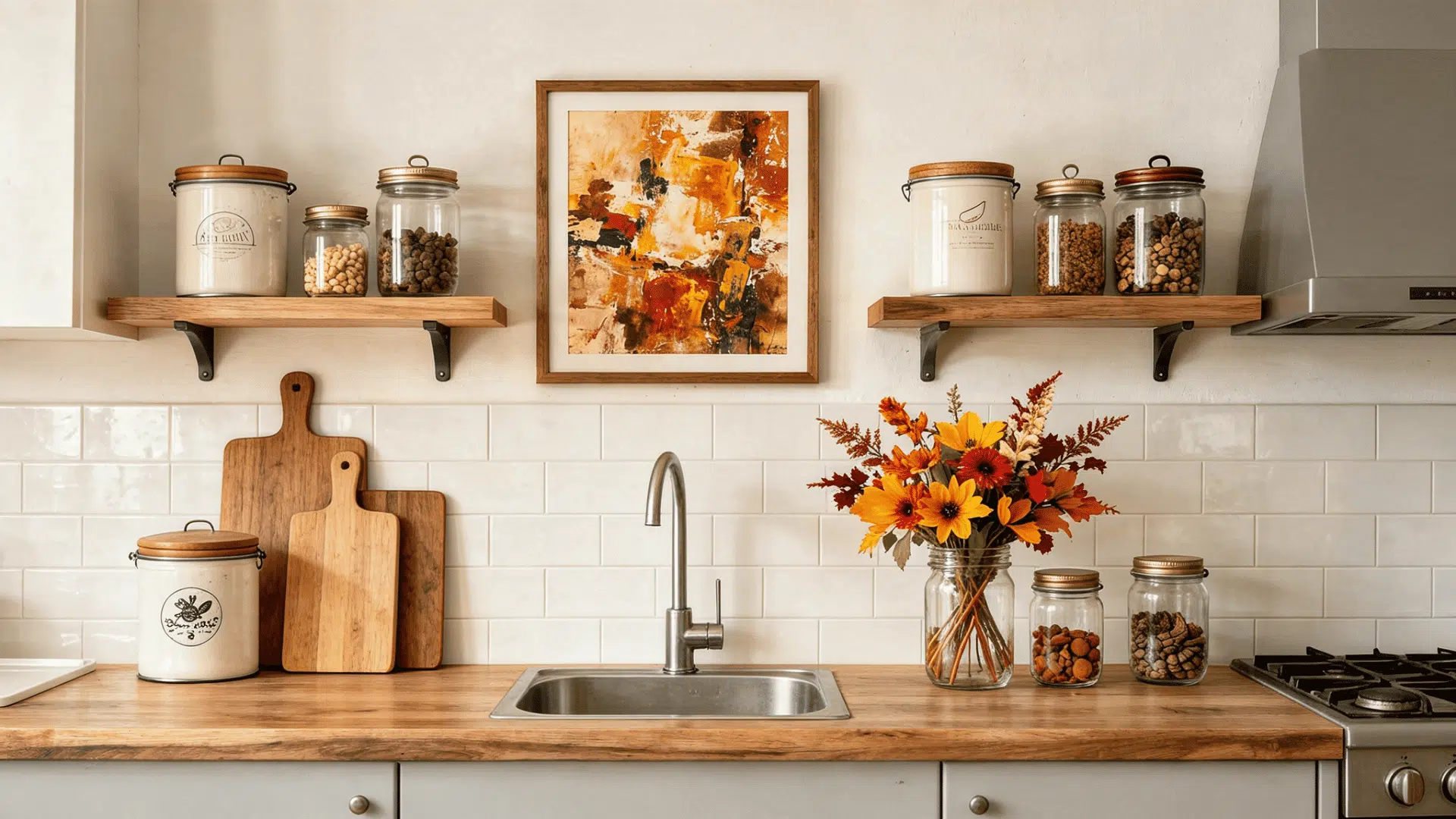 kitchen counter with weathered wooden cutting board vintage flour canister and mason jar of dried fall flowers