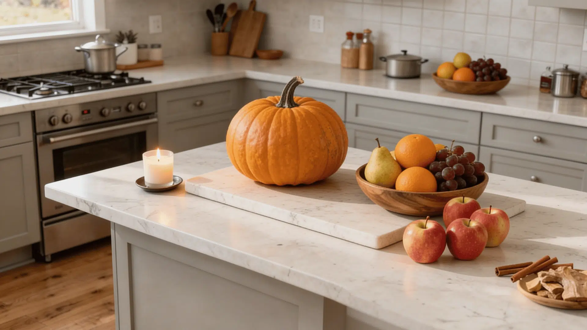 kitchen counter with wooden bowl of mini pumpkins and gourds fresh red apples and a lit cinnamon candle nearby