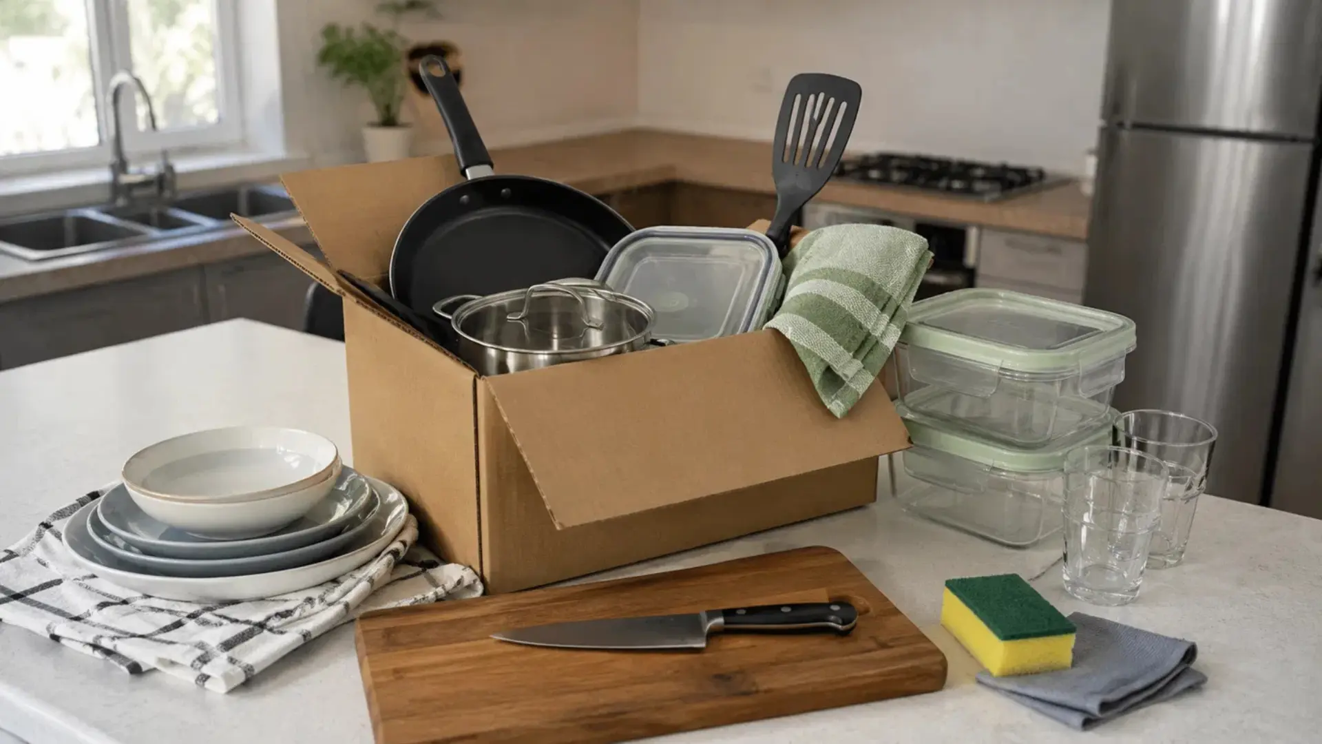 packing a box of kitchen essentials including cookware plates containers and everyday tools