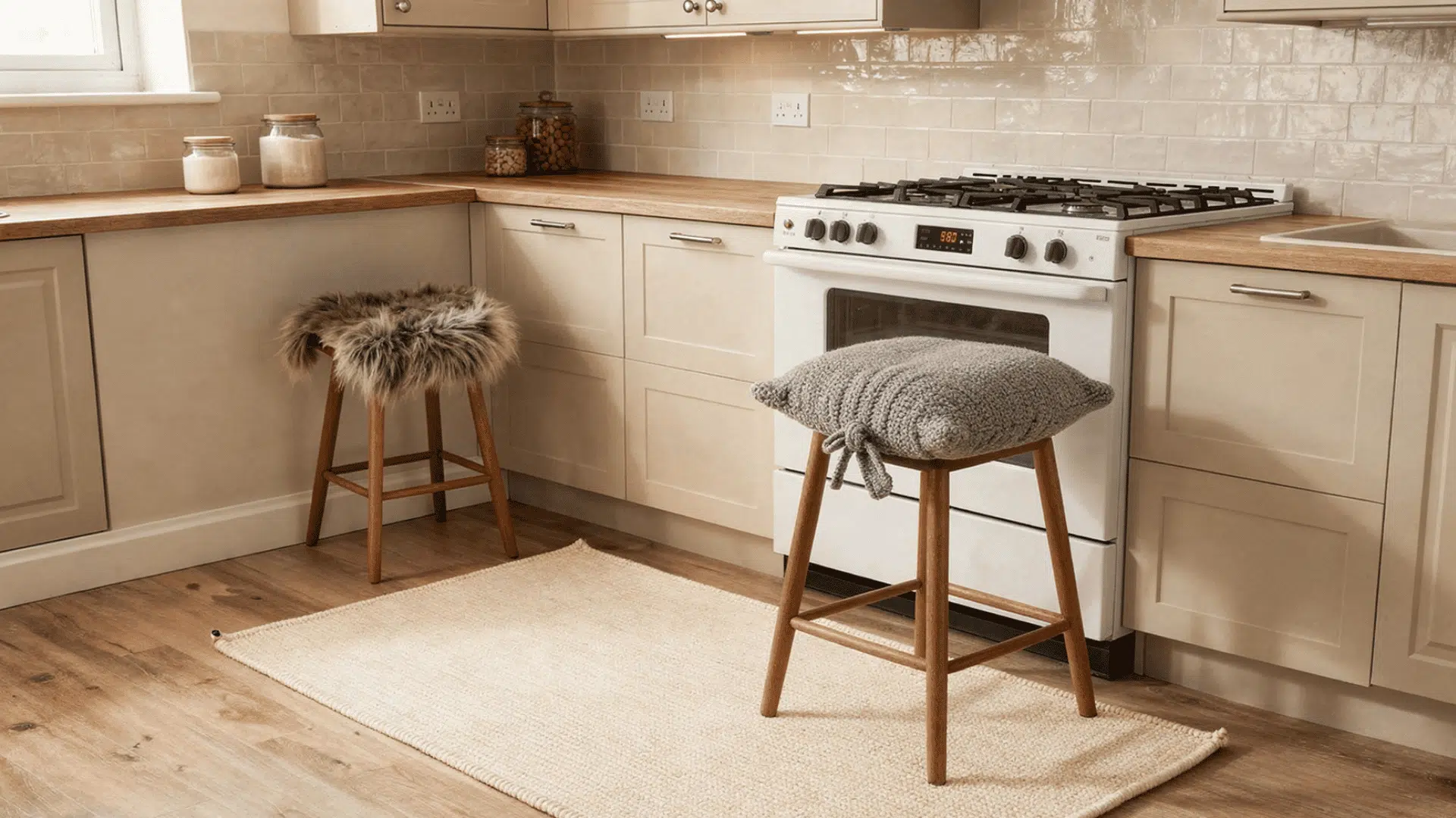 kitchen floor with cream knitted rug bar stool with gray knitted cushion and faux fur throw on chair in winter