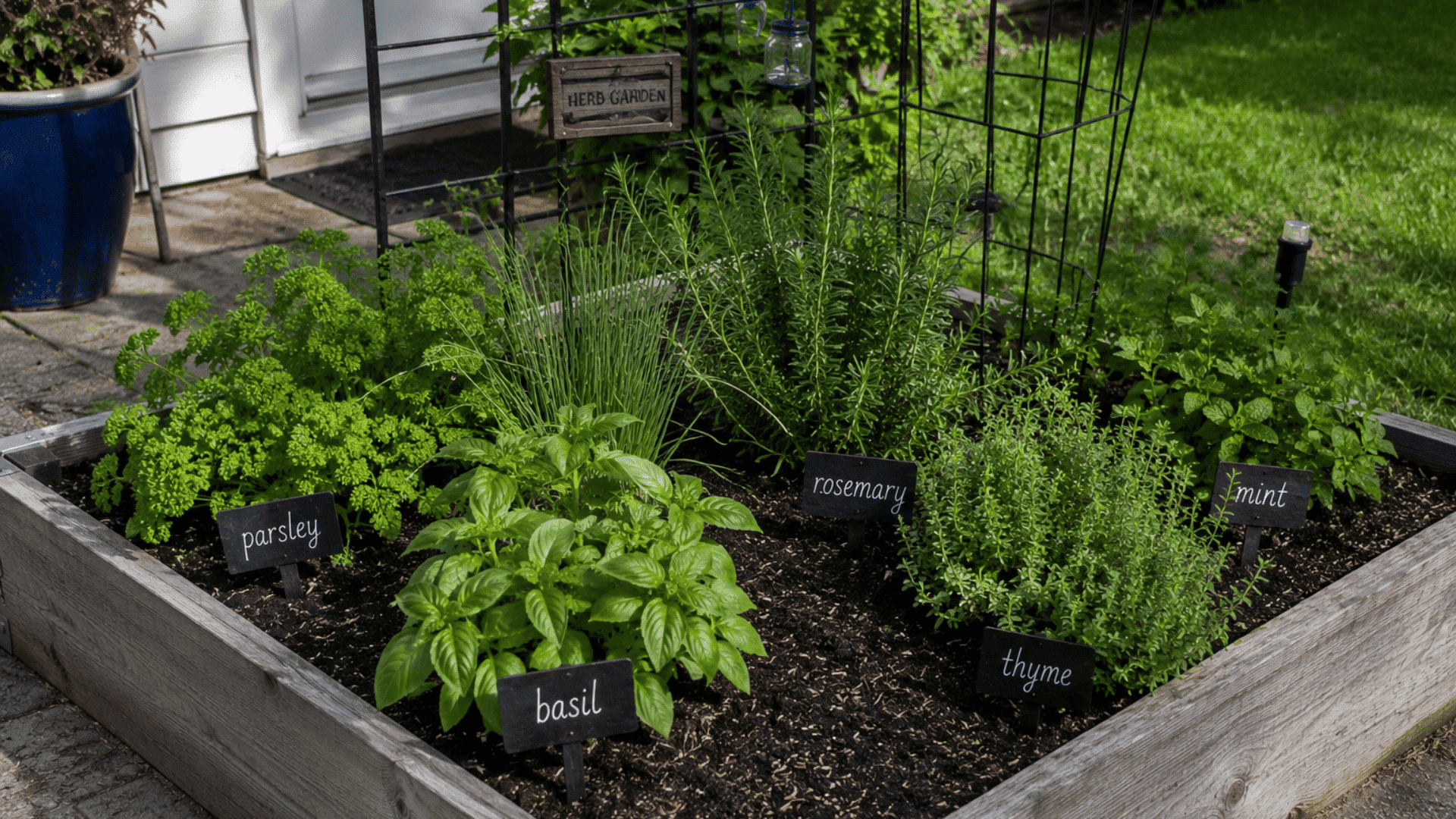 kitchen herb garden near home with fresh herbs arranged for easy harvesting