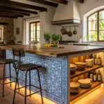 rustic kitchen island with blue tile panels, open wood shelving, built-in lighting, and bar seating for daily use