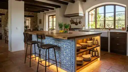 rustic kitchen island with blue tile panels, open wood shelving, built-in lighting, and bar seating for daily use
