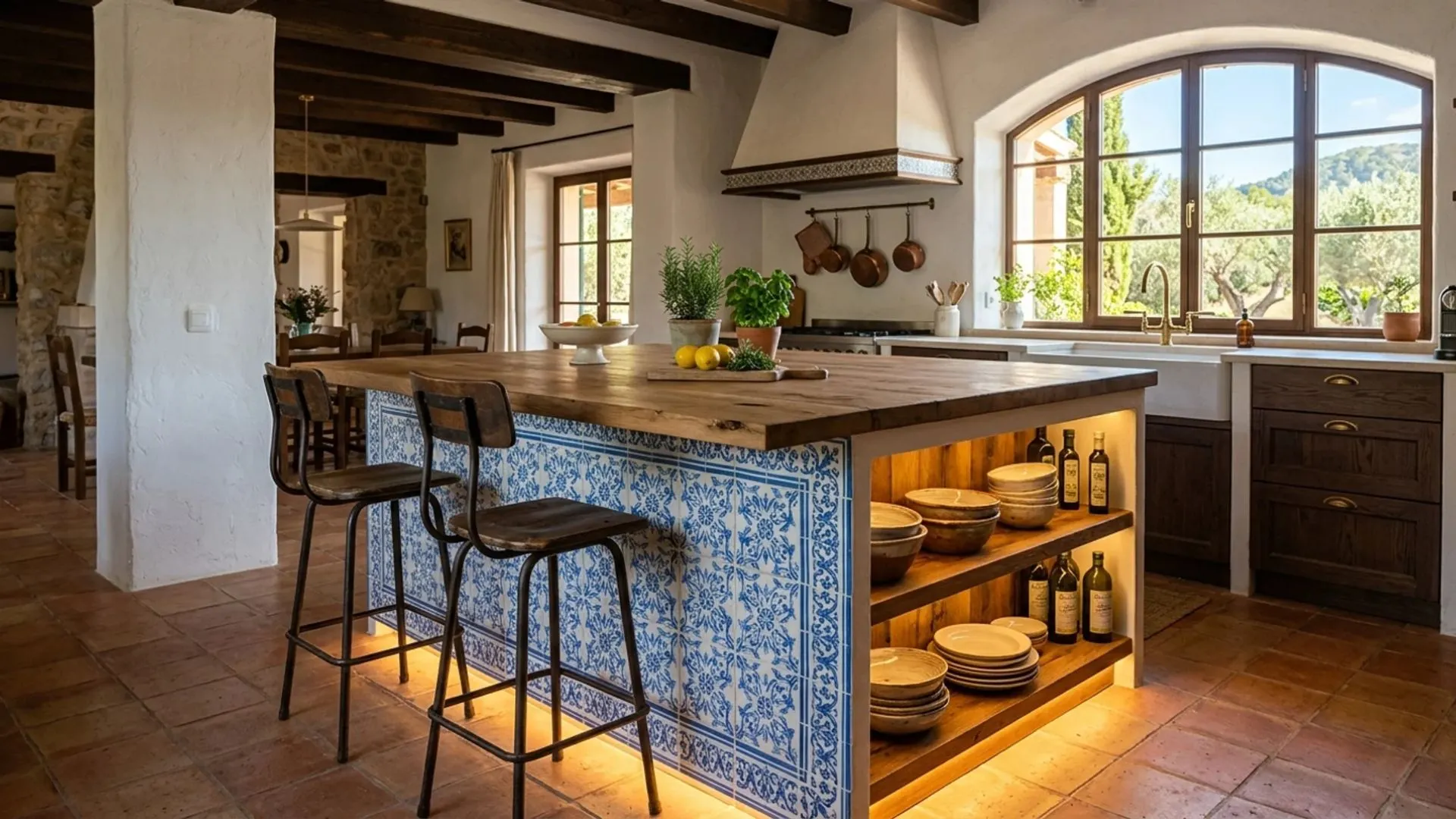 rustic kitchen island with blue tile panels, open wood shelving, built-in lighting, and bar seating for daily use