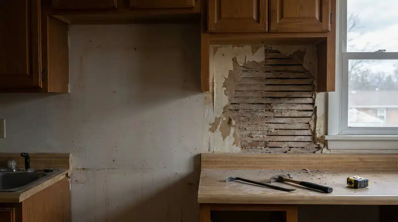 Damaged kitchen wall under wooden cabinets with tools on countertop near window
