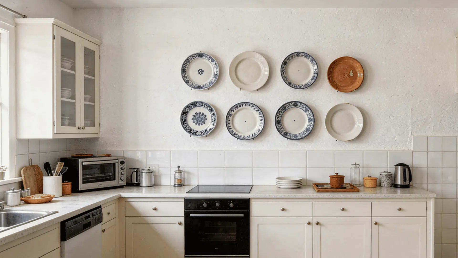 kitchen wall gallery of mixed ceramic and porcelain plates in blue white floral and terracotta patterns on white wall