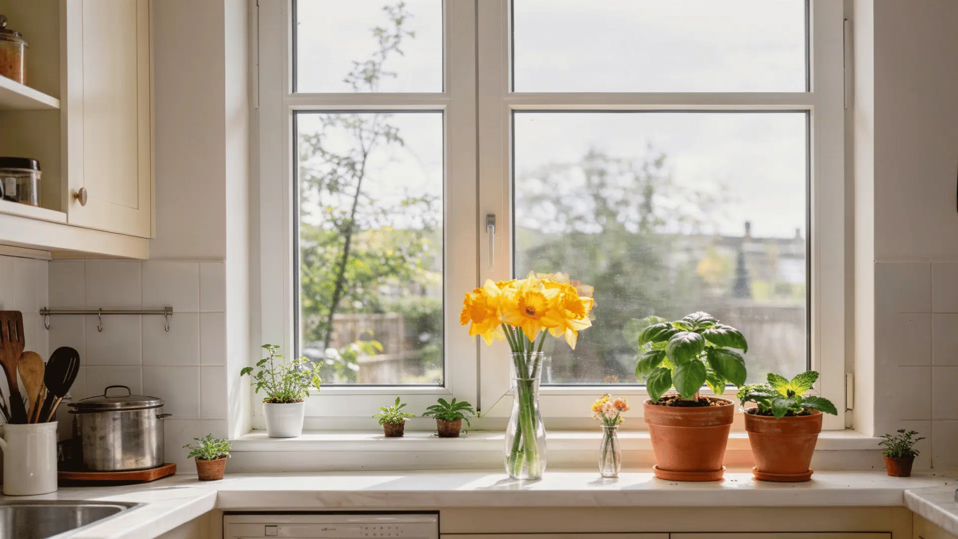kitchen windowsill with yellow daffodils in a clear glass vase beside small terracotta basil and mint herb pots in daylight