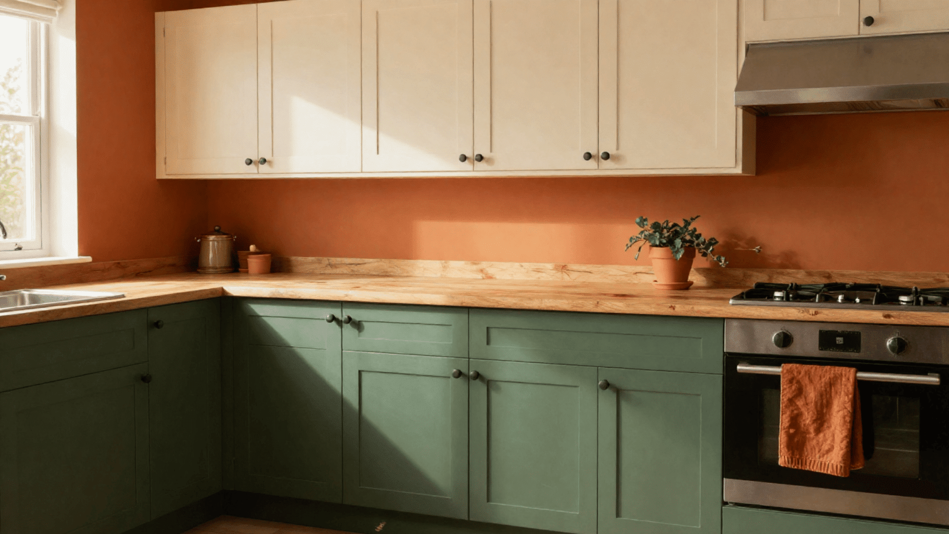 kitchen with forest green lower cabinets butcher block countertop and burnt orange wall in warm morning light