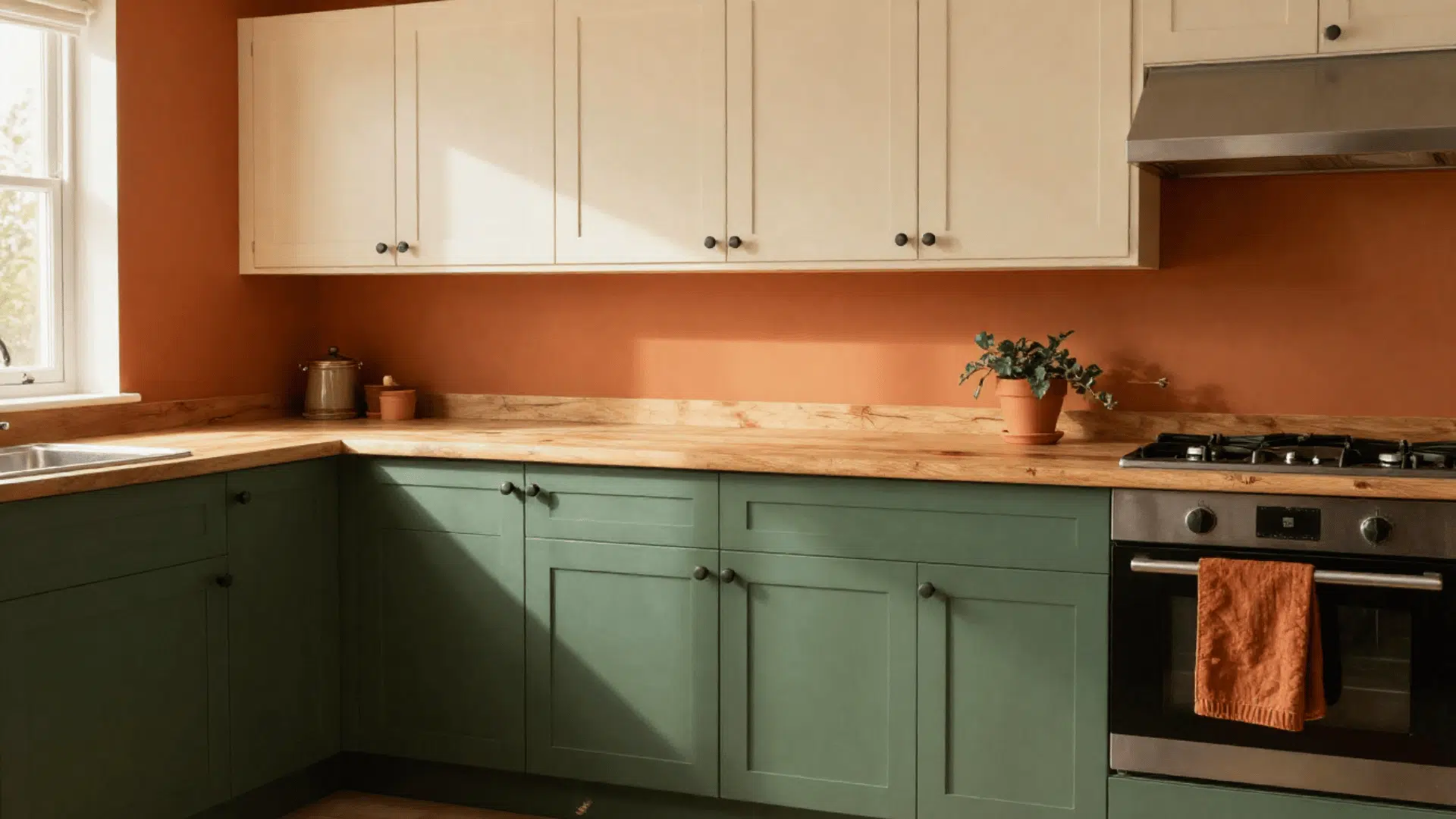 kitchen with forest green lower cabinets butcher block countertop and burnt orange wall in warm morning light