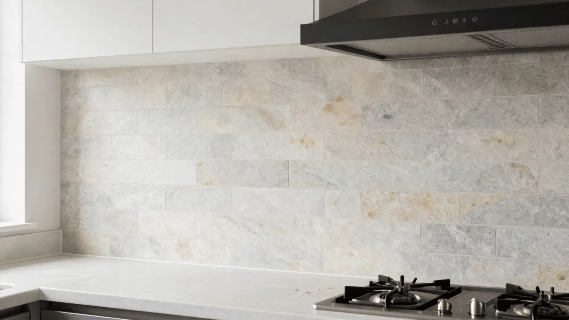 kitchen with tumbled limestone backsplash extending from countertop to ceiling beside a matte black range hood