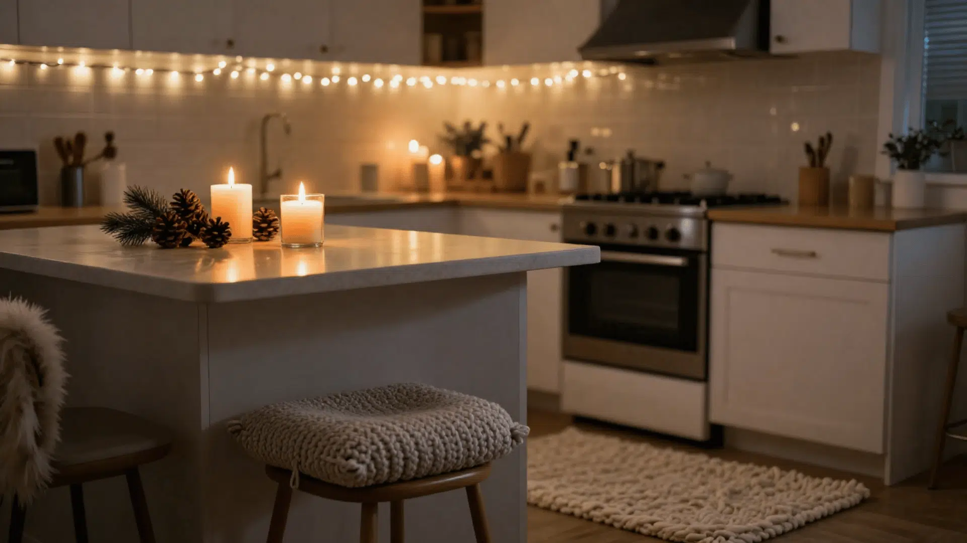 kitchen with warm led string lights along cabinet tops and lit cinnamon candles with pine cones in evening light