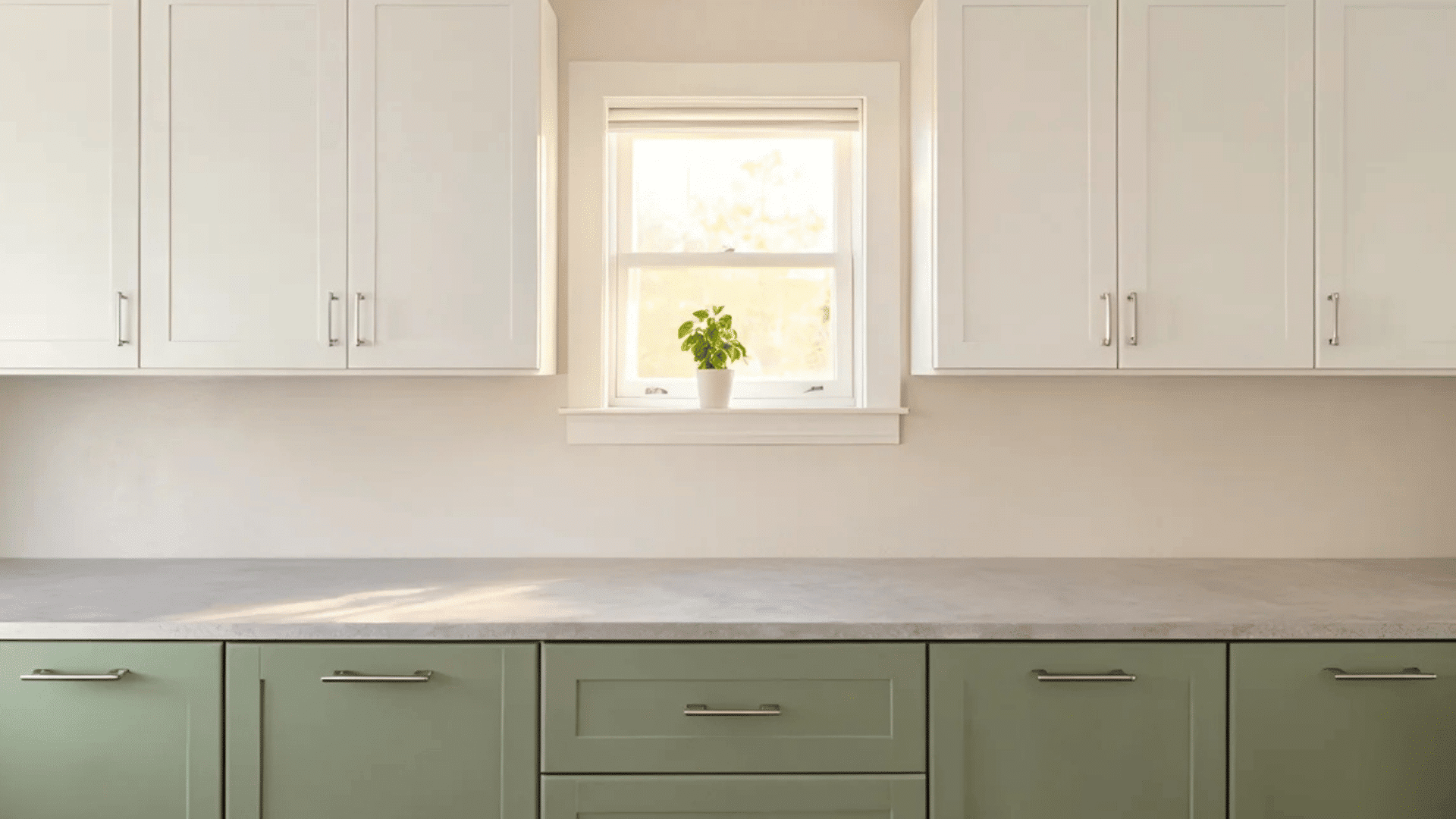 kitchen with white upper cabinets green lower cabinets and small plant on windowsill