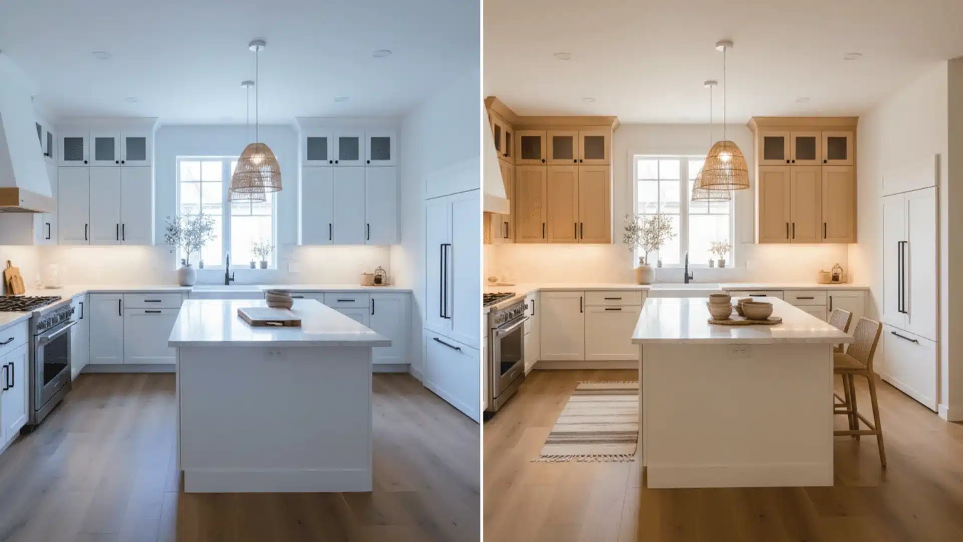 warm wood cabinets stone counters ceramic bowls and woven stools show a kitchen before and after update