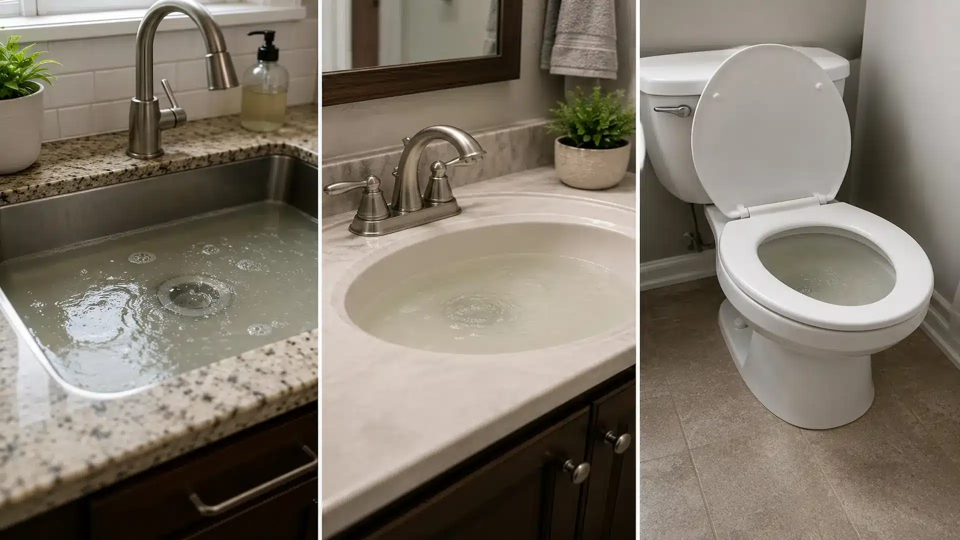 kitchen sink, bathroom sink, and toilet with standing water showing slow drains across multiple fixtures