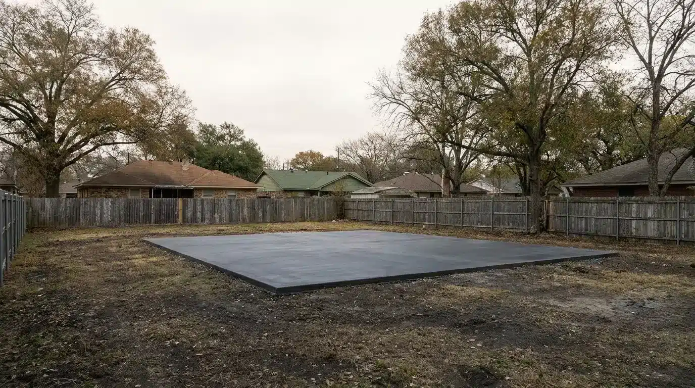 Concrete foundation slab in fenced suburban backyard surrounded by trees and houses